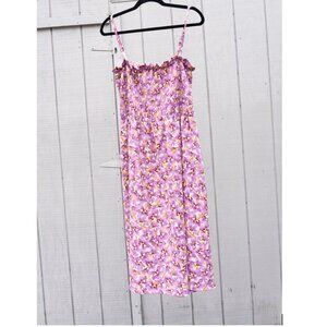 H&M Purple Floral Midi Dress Smocked Bodice Ruffle Flared Skirt Orchid